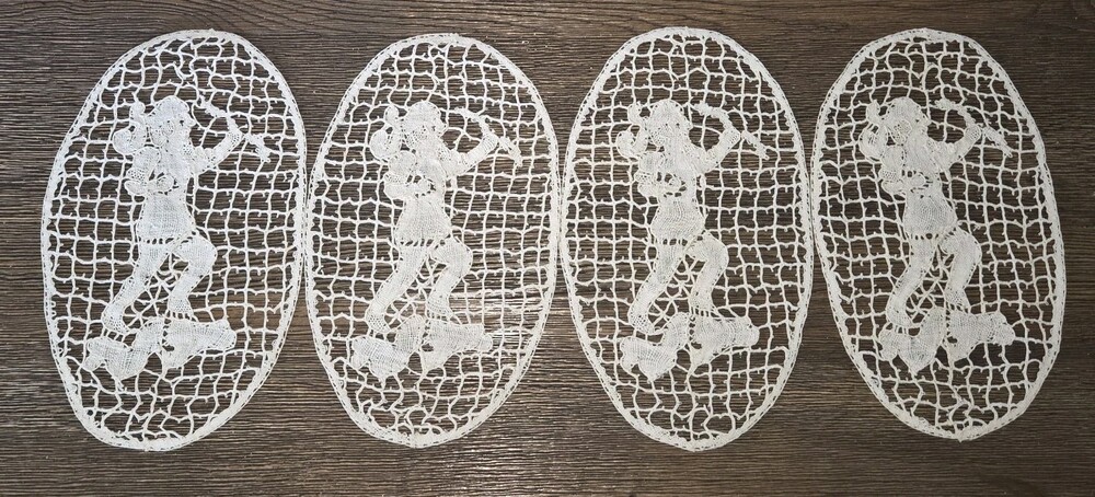 4 Antique Figural Needle Lace Doilys Inserts Applique Table Decoration Oval